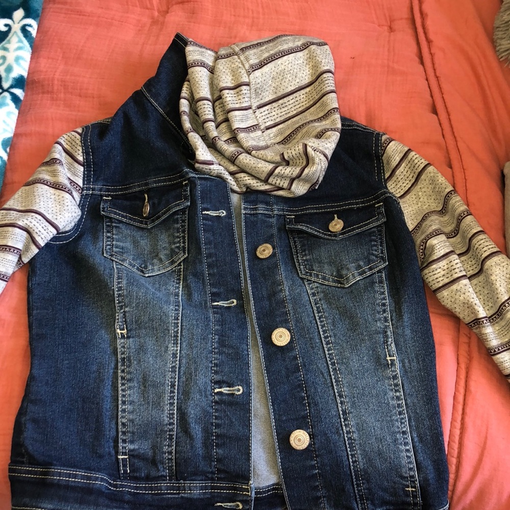 Denim jean jacket with hood.